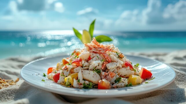 Seafood Salad on Beach with Ocean View.