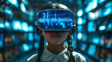 School student with VR headset using AI artificial intelligence technology & machine learning.Interactive technology in classroom. Innovation & smart tech. AI blue hologram in educa