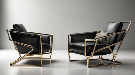 Luxurious black leather armchair with angular armrests and bold accents.