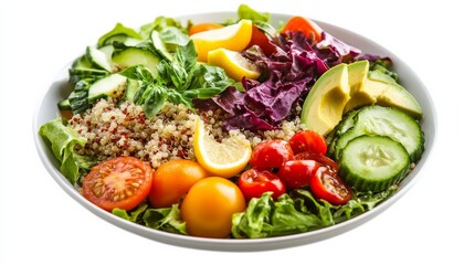 A colorful quinoa salad with mixed bell peppers, cherry tomatoes, cucumber