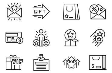 Exclusive benefit, prize, incentive, reward editable stroke outline icons set isolated on white background flat vector illustration