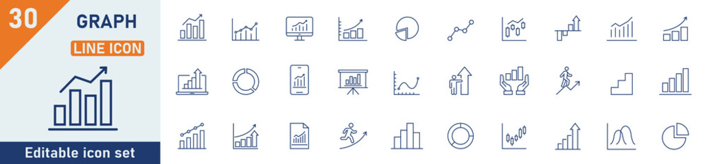 Graph and charts line icon set. Set of 30 outline icons related to graph, charts, candlesticks, bar charts, pie charts and others. Editable stroke. Vector illustration.