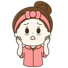 疲れてクマができているお団子ヘアの女性のゆるかわイラスト