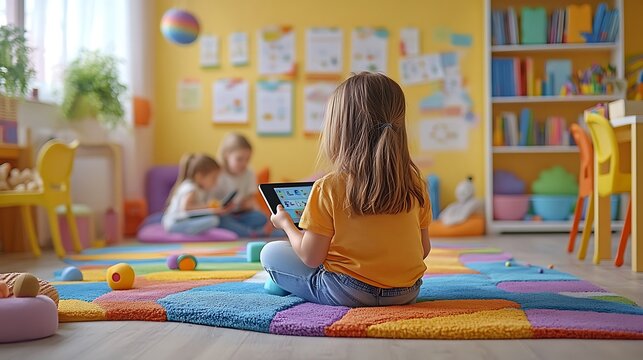 Child engaged with tablet in colorful learning space home indoor