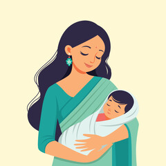 Indian mother carrying a baby, mom holding a baby with arm flat vector illustration