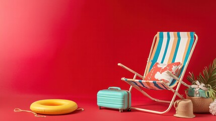 On a red background, a deckchair with a luggage, ring buoy, and several beach goods is displayed. The idea of travel
