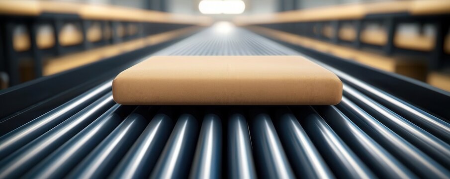 A close-up view of a single rectangular object placed on a series of parallel bars, creating a sense of depth and perspective in an industrial setting.