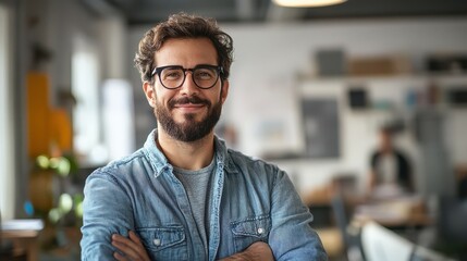 Obraz premium Portrait of a Smiling Man in a Denim Shirt.