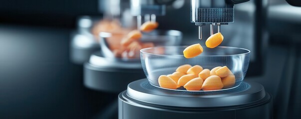 Automated machines dispensing orange capsules into clear bowls in a modern laboratory setting.
