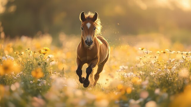 Foal Running Through Wildflowers at Sunset.