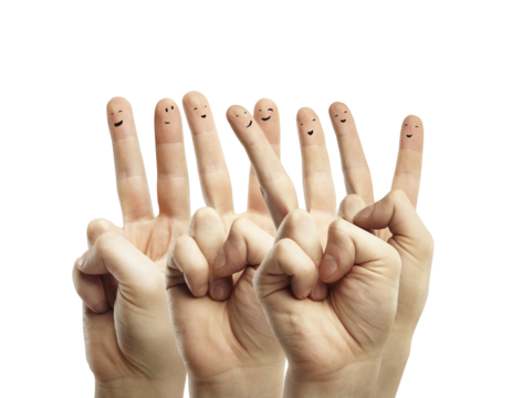 Multiple hands with fingers having drawn smiling faces, isolated on a white background. Concept of social interaction, community, and connection - Powered by Adobe