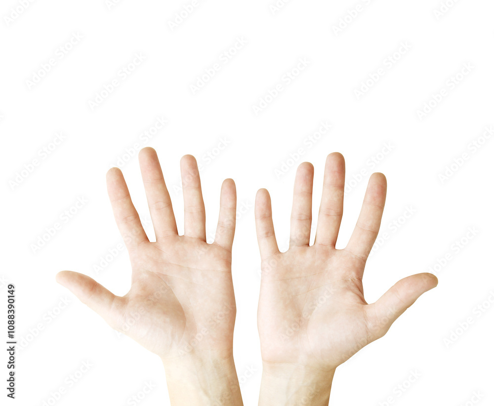 Poster image of two human hands raised with palms facing forward, isolated on a clean white background. con