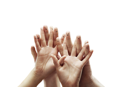 Multiple hands with fingers drawn as smiley faces, isolated on a white background. Represents the concept of connection, teamwork, and social interaction