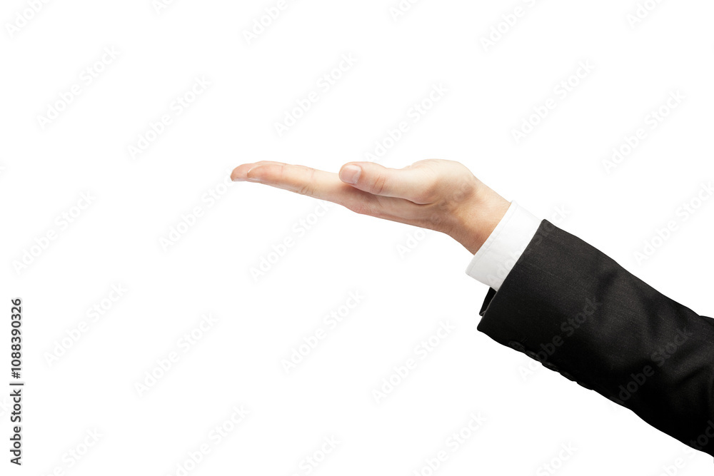 Poster A businessman’s hand in a formal suit with open palm gesture. Isolated on a clean white background. Ideal for product presentation or template use