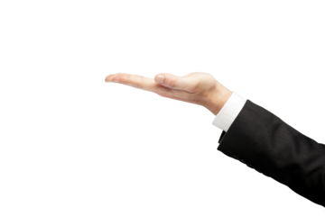 A businessman’s hand in a formal suit with open palm gesture. Isolated on a clean white background. Ideal for product presentation or template use