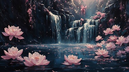 Serene waterfall scene tranquil garden nature photography peaceful close-up relaxation