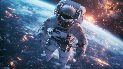 An astronaut floats in space with Earth in the background.