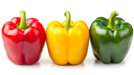 A fresh crisp bell pepper trio in red, yellow, and green with their shiny