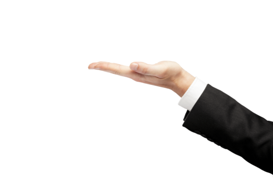A businessman’s hand in a formal suit with open palm gesture. Isolated on a clean white background. Ideal for product presentation or template use - Powered by Adobe