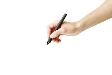 Hand holding a stylus pen in a writing position, isolated on a white background. Close-up of human hand, minimalistic design, concept of creativity