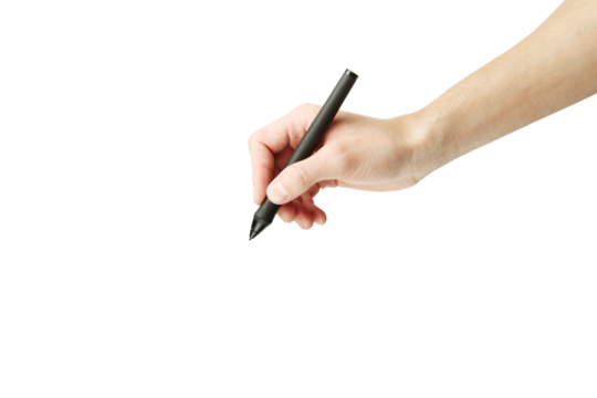 Hand holding a stylus pen in a writing position, isolated on a white background. Close-up of human hand, minimalistic design, concept of creativity