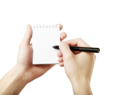 Hands holding a small spiral notebook with a pen, ready to write on a white background. Concept of note-taking, creativity, brainstorming, or ideas