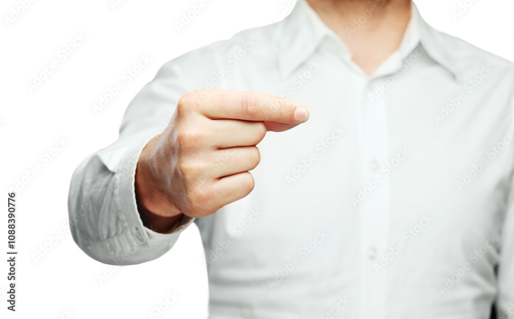 Poster close-up of a male hand in a pinching gesture, wearing a white shirt. isolated on a plain white back