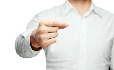 Close-up of a male hand in a pinching gesture, wearing a white shirt. Isolated on a plain white background. Concept of selecting or holding small objects