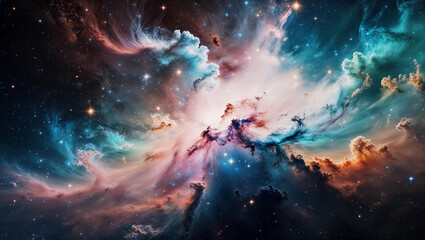 Fototapeta premium 無数の星とカラフルな銀河雲星雲が織りなす宇宙の壮大な世界を描いた壁紙。生成AI