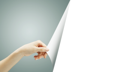 A hand is shown pulling back a paper corner, revealing a blank white space, against a gradient background. Concept of revealing, hidden layers, or creativity