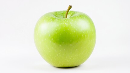 A fresh crisp green apple with its smooth, shiny skin and small stem, Each apple&rsquo;s vibrant color and subtle imperfections captured with precision