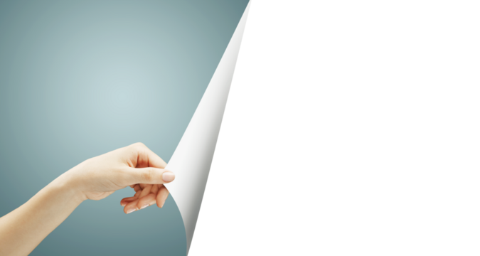 A hand turns a white page, revealing a blank space on the right side with a blue gradient background on the left. Clean, minimalistic design template