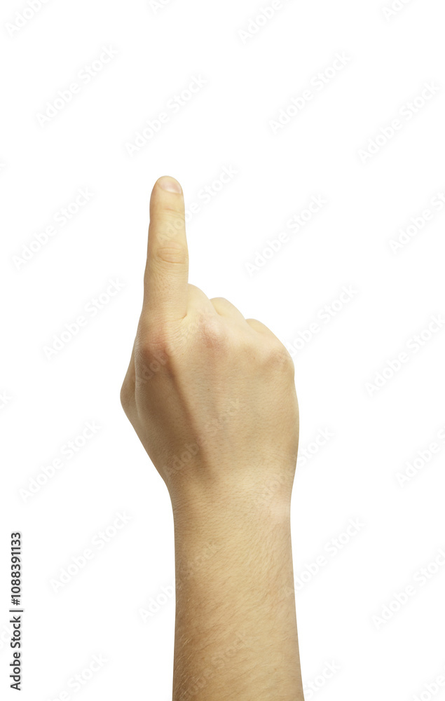 Aufkleber Close-up of a human hand with the index finger raised, isolated on a white background. Represents gestures like pointing or touching
