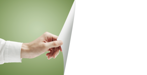 A hand holding and flipping a page, revealing a white blank space. The background transitions from green to white in a clean, minimalistic style