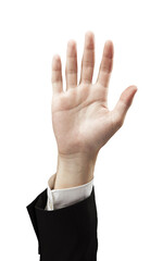 A hand raised in a business suit, fingers spread, shown in close-up. Isolated on a white...