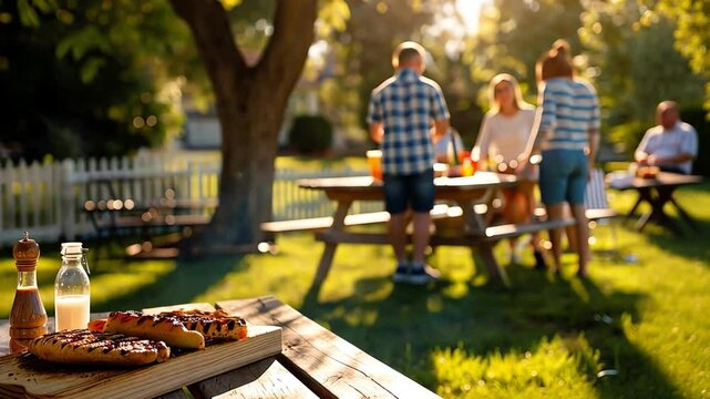 A backyard BBQ party with people grilling food and playing games,