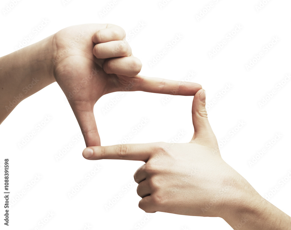 Aufkleber closeup of two human hands forming a rectangle shape with fingers on a white background. concept of 