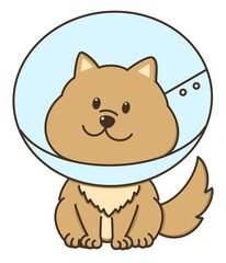 エリザベスカラーをつけたもふもふの犬のゆるかわイラスト
