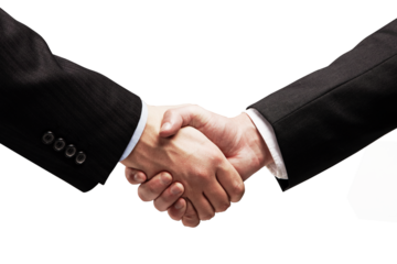 Businessmen shaking hands in close-up, wearing formal suits, isolated on a white background. Concept of partnership, deal, or agreement