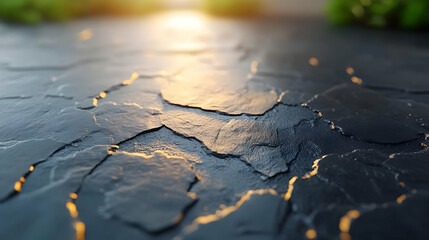 Obraz premium Dark Cracked Stone Surface with Golden Light Abstract Background