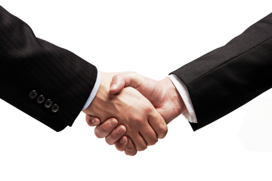 Businessmen shaking hands in close-up, wearing formal suits, isolated on a white background. Concept of partnership, deal, or agreement