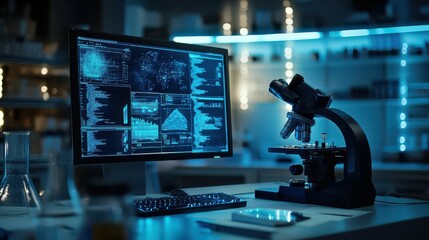 Microscope and Computer with Data Analysis in Laboratory.