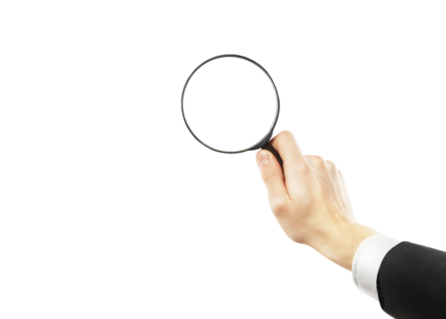 A hand holding a magnifying glass in close-up, isolated on a clean white background. Useful for concepts of search, focus, or investigation - Powered by Adobe