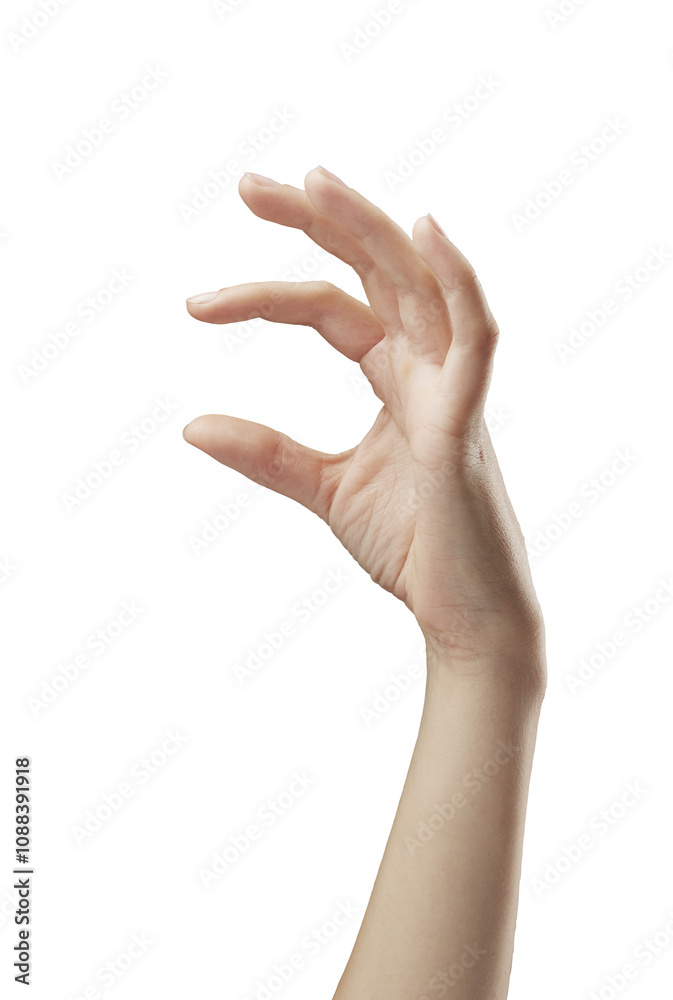 Poster A hand in a grasping gesture, fingers slightly curved, isolated on a white background. Ideal for use in design concepts or templates