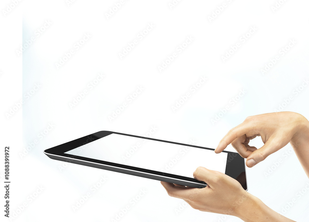 Aufkleber a blank tablet held by two hands, with one hand pointing at the screen. simple layout on a white bac