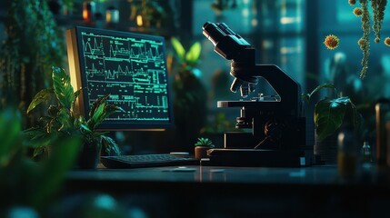 Microscope and Computer in a Dark Lab.