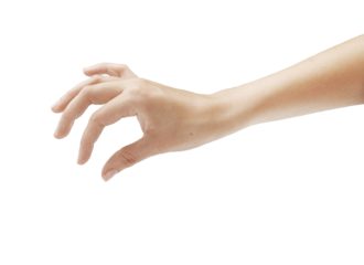 Human hand reaching out with fingers slightly curled. Isolated on a white background. Concept of gesture, reaching, or holding. Minimalist style