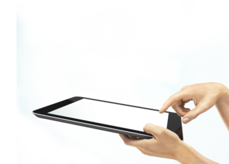 A blank tablet held by two hands, with one hand pointing at the screen. Simple layout on a white background. Ideal for a digital device mockup template