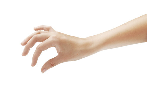 Human hand reaching out with fingers slightly curled. Isolated on a white background. Concept of gesture, reaching, or holding. Minimalist style