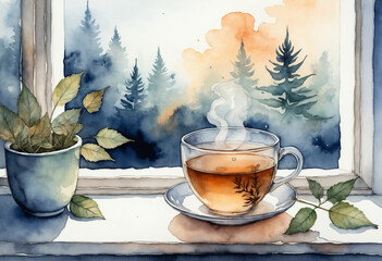 Steaming tea by the window with forest view in watercolor